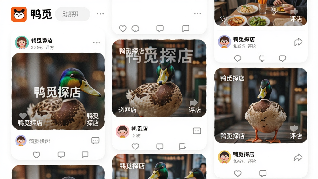 主体:鸭觅APP的社区动态页面,展示用户发布的探店照片和评论。布局:瀑布流式布局,卡片错落有致。排版:图片与文字结合,点赞和评论图标清晰。风格:活泼年轻,色彩鲜艳。细节:照片上有“鸭觅探店”水印,评论区显示用户头像和昵称。画质:高清,干净,无多余元素。