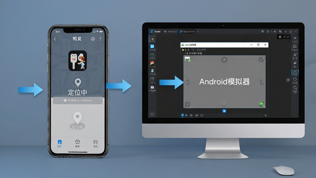 主体:手机和电脑并排,手机显示鸭觅APP运行界面,电脑屏幕显示模拟器窗口。布局:左右对称,手机在左,电脑在右。排版:界面清晰,操作提示箭头标注。风格:科技感,蓝灰色调。细节:手机屏幕上有“定位中”提示,电脑屏幕有“Android模拟器”字样。画质:高清,干净,无多余元素。