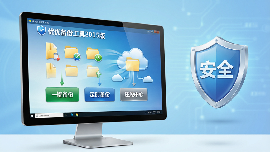 主体:一台现代化的Windows电脑屏幕前,显示着“优优备份工具2015版”的简洁主界面,界面中有“一键备份”、“定时备份”、“还原中心”等清晰的功能按钮。布局:电脑置于画面中央偏左,右侧悬浮着数据保护盾牌图标,背景为柔和的科技蓝渐变。排版:界面元素整齐排列,按钮文字醒目,整体构图平衡。风格:写实与科技感结合,色调明亮干净。细节:屏幕中模拟出文件、文件夹被复制到云端的动态效果,盾牌上带有“安全”字样。画质:高清渲染,干净,无多余元素。