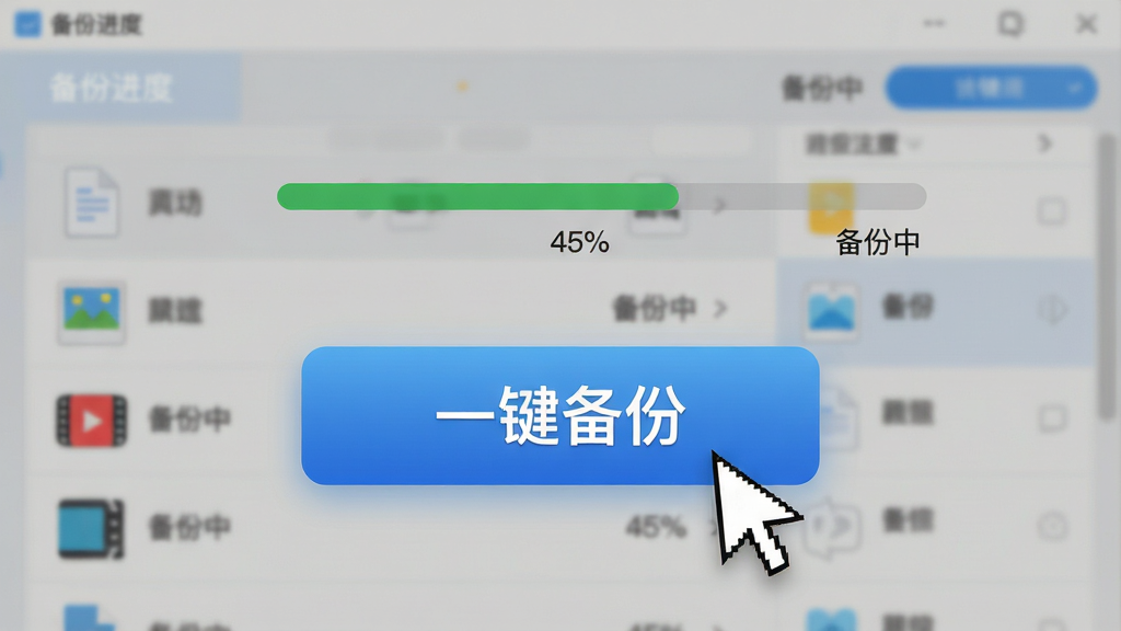 主体:软件主界面中高亮显示的“一键备份”按钮特写,鼠标指针正在点击。布局:按钮位于画面中央偏下,上方显示备份进度条和文件列表,背景为软件主界面的模糊效果。排版:按钮呈蓝色渐变,带有白色“一键备份”文字,进度条为绿色。风格:扁平化UI设计风格,界面干净清爽。细节:文件列表中有文档、照片、视频等图标,进度条显示“45%”,旁边有“备份中”字样。画质:高清,干净,无多余元素。