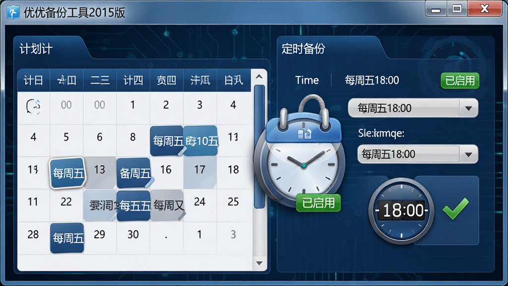 主体:优优备份工具2015版的“定时备份”设置界面,日历时钟图标醒目。布局:界面左侧为计划列表,右侧为具体时间设置控件,背景为深色科技风格。排版:时间选择器清晰,有“每周五18:00”的示例设置。风格:拟物与扁平结合,深蓝主色调。细节:日历上标记了重复的备份日期,时钟显示18:00,旁边有“已启用”绿色标签。画质:高清渲染,干净,无多余元素。