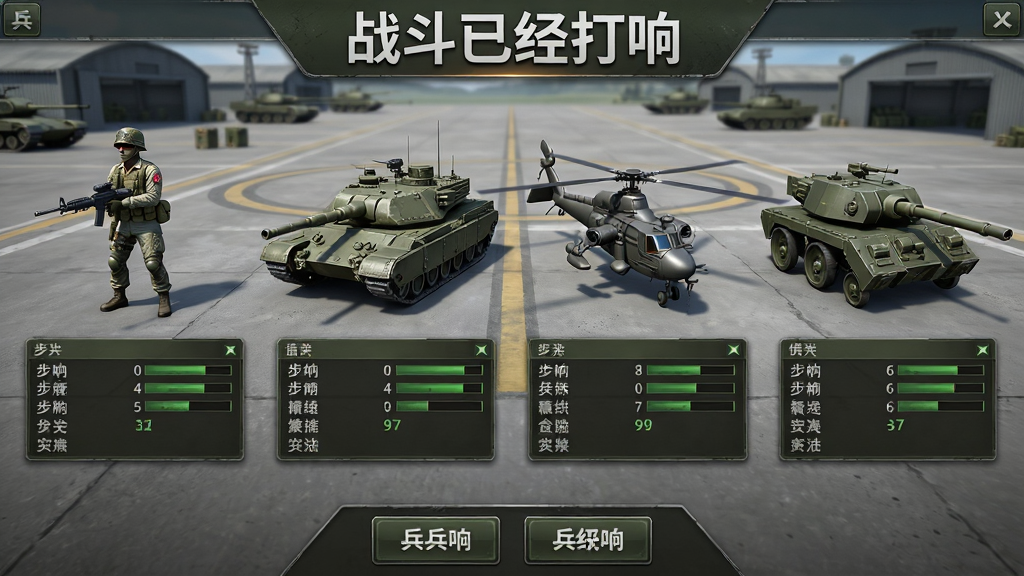 主体为游戏中的兵种展示界面,画面中央陈列着步兵、坦克、武装直升机、自行火炮等单位的3D模型,每个模型下方有属性面板;布局采用横向排列,模型之间留有间隔,背景为军事基地的停机坪;排版上顶部有“战斗已经打响”的标题,底部有兵种切换按钮;风格为写实军事风,金属质感强烈,色彩以军绿色与灰色为主;细节包括模型上的细节纹理、属性面板上的数值条,画质高清,干净无多余元素。