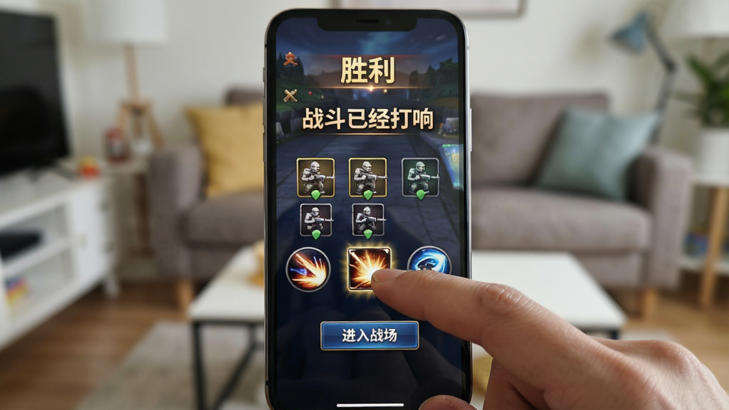 主体为一名玩家在手机上操作游戏,屏幕显示“战斗已经打响”的游戏画面,画面中有多个部队图标和技能按钮,玩家手指正点击一个技能按钮,屏幕上方显示“胜利”字样;布局采用竖屏手机视角,手机占据画面中央,背景为模糊的客厅环境;排版上屏幕中显示“战斗已经打响”的标题,下方有“进入战场”按钮;风格为实拍与游戏画面混合,色彩自然,光线柔和;细节包括手机屏幕上的光影反射、玩家手指的指纹,画质高清,干净无多余元素。
