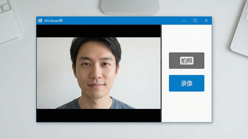 主体:Windows照相机软件主界面展示,界面简洁明亮,左侧为实时取景画面,右侧为拍照和录像按钮。布局:居中构图,软件窗口占画面主体,背景为浅灰色桌面。排版:界面元素清晰,按钮文字为“拍照”“录像”。风格:现代扁平化,色彩清新自然。细节:取景框中显示一个清晰的人物头像,光线均匀,画面细腻。画质:高清,干净,无多余元素。