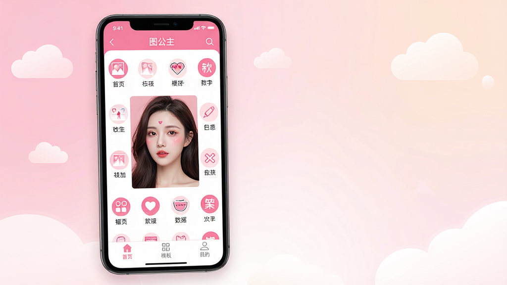 ���壺һ��������Ļ�������ֻ�����Ļ��չʾͼ����APP�������棬�����Է�ɫ�Ͱ�ɫΪ��ɫ����������ʾһ�ž�������������������Ƭ����Χ�������˾�����ֽ�����ֵȹ���ͼ�ꡣ���֣��ֻ�λ�ڻ�������ƫ���Ҳ�������������͵Ľ��䱳�����У�����Ԫ���������룬ͼ������ȡ��Ű棺�ֻ���Ļ�ڵĽ���������񲼾֣�����ͼ���·���ע�������ƣ������Ӿ����ļ�����ͼƬԤ�����򡣷���ִ���ƽ����Ʒ��ɫ�����죬��Ӱ��ͣ������׺�����ϸ�ڣ���Ļ�Ϸ���ʾ��ͼ����������������ײ��С���ҳ����ģ�塱���ҵġ�������ǩ����������Լ�ɼ��ƶ���״��װ��Ԫ�ء����ʣ�8K�����壬����ɾ����޶���Ԫ�ء�