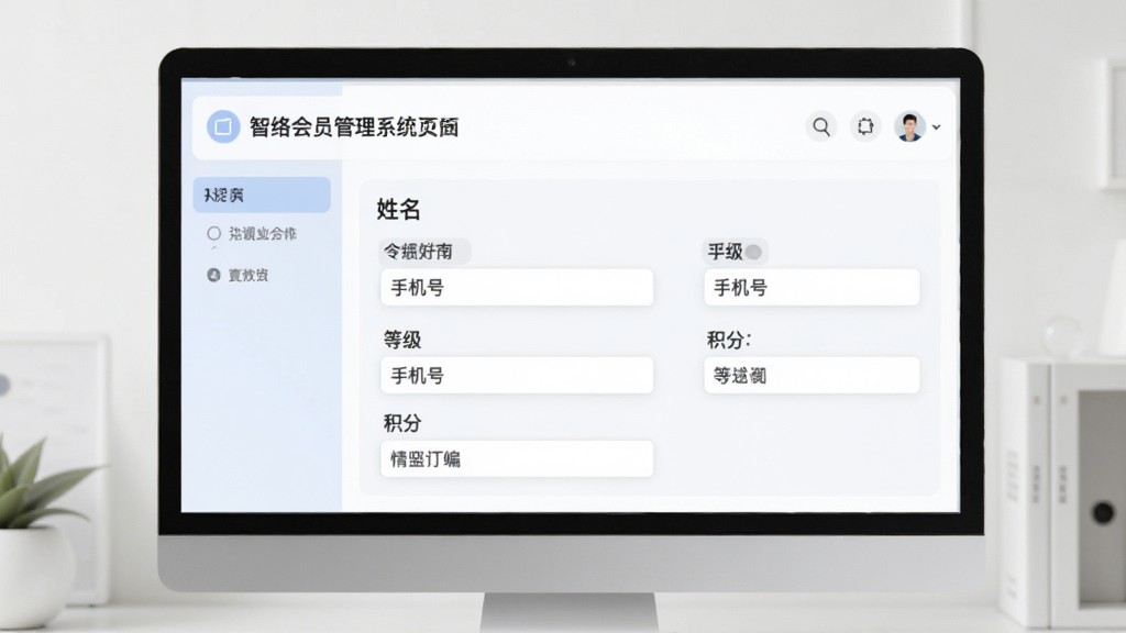 智络会员管理系统会员档案编辑页面,包含姓名、手机号、等级、积分等输入框,界面布局整齐,现代简约风格,色彩柔和,画质清晰,无多余元素