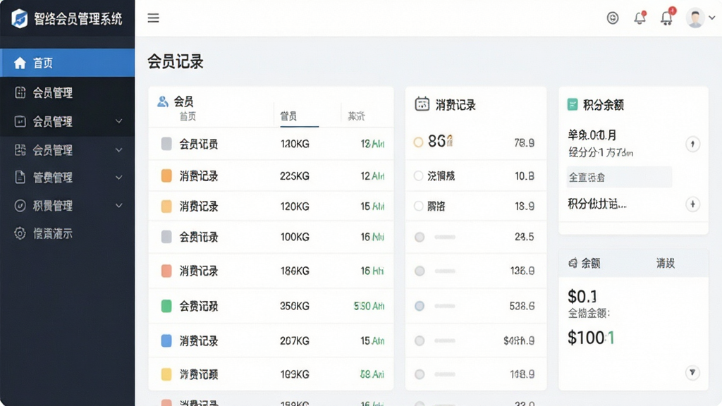 智络会员管理系统的主界面截图,展示会员列表、消费记录、积分余额等核心模块,左侧导航栏清晰,整体风格简洁商务,界面明亮,文字清晰,高分辨率,干净无多余元素
