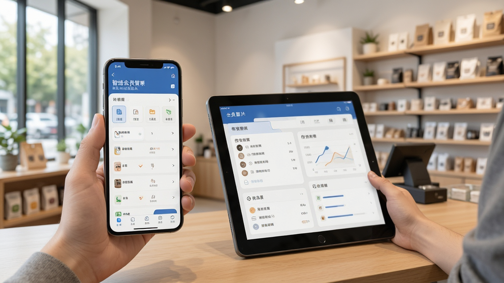 智络会员管理系统在手机和平板上使用的场景图,展示移动端界面,背景为实体店铺,风格写实,色彩自然,高分辨率,干净无多余元素