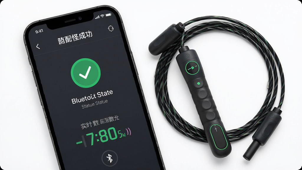 健身怪兽APP连接智能跳绳的界面预览图,主体为手机与跳绳设备的配对成功页面,布局显示蓝牙连接状态和实时计数,排版简洁,风格清新,细节包括绿色对勾和跳动次数数字,画质清晰干净,无多余元素
