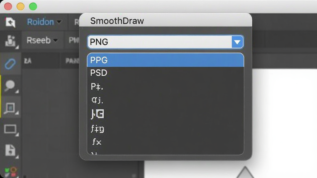 SmoothDraw文件格式选择界面,下拉列表显示PNG、JPG、PSD等格式选项,背景是软件主界面的一角,整体风格简洁明了,画质清晰