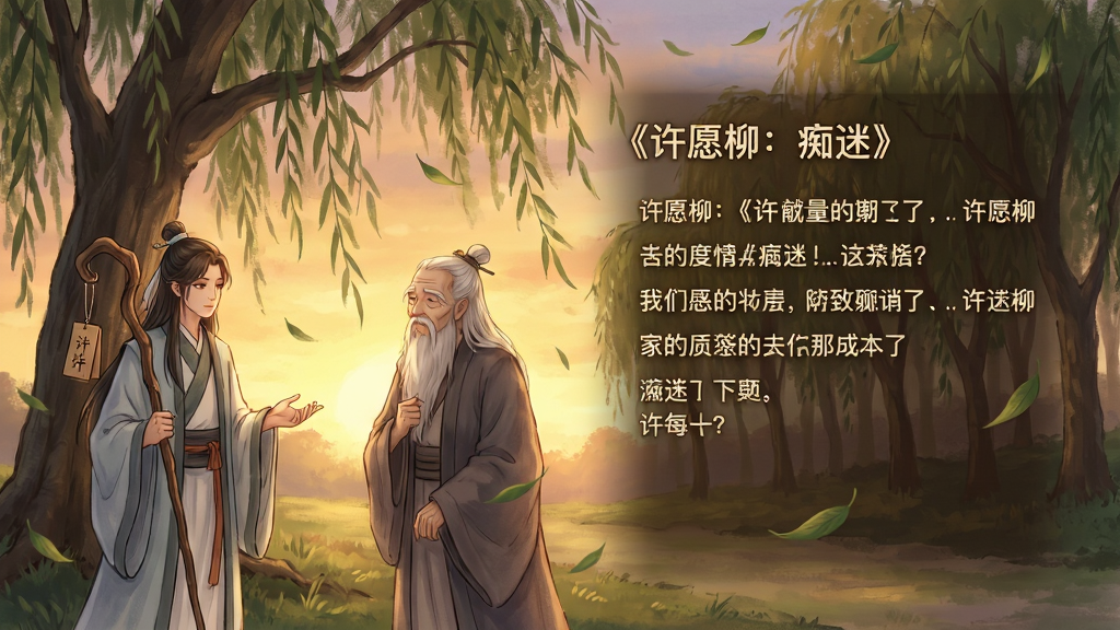 主体:《许愿柳:痴迷》剧情对话场景,主角与神秘老者在柳树下交谈。布局:对话界面居中,左侧为角色立绘,右侧为剧情文本,背景为黄昏的柳树林。排版:横向构图,立绘占左侧三分之一,文本占右侧。风格:唯美手绘风,色彩温暖,光影柔和。细节:老者手中拐杖挂着许愿牌,柳叶随风飘动,对话文本清晰可读。画质:高分辨率,干净无UI干扰,画面唯美。