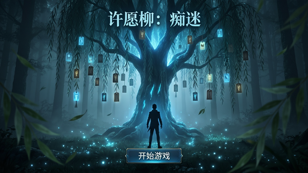 主体:《许愿柳:痴迷》游戏主界面,一棵巨大柳树散发着幽蓝光芒,树下站着主角剪影。布局:主界面居中,背景是迷雾森林,前景有飘落的柳叶,界面下方有“开始游戏”按钮。排版:竖版构图,柳树占画面三分之二,按钮居中对齐。风格:电影级写实风,光影对比强烈,神秘氛围。细节:柳枝上挂满发光的许愿牌,地面有微光粒子,按钮文字“开始游戏”清晰。画质:8K超清,干净无多余元素,无UI遮挡主体。