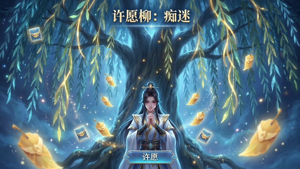 主体:《许愿柳:痴迷》许愿玩法界面,主角双手合十站在巨大的许愿柳前,柳枝发光。布局:人物居中偏下,柳树占据上方,周围漂浮着发光的柳叶信物。排版:竖版构图,柳树形成天然画框,人物凸显。风格:梦幻唯美风,蓝色与金色主色调,粒子特效丰富。细节:柳枝上缠绕着金色丝线,信物图标悬浮,画面下方有“许愿”按钮。画质:极致高清,光影通透,无多余元素。