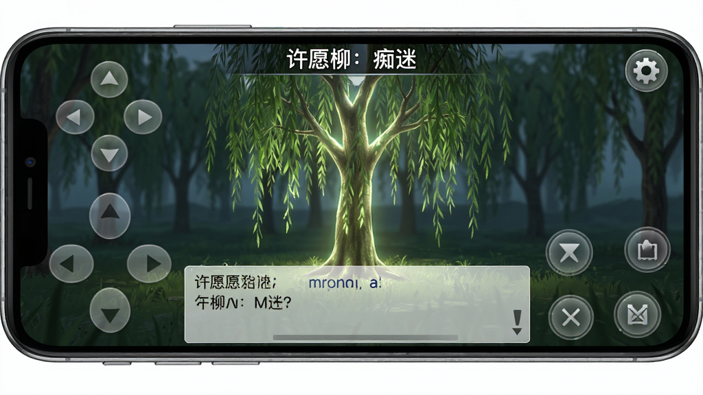 主体:《许愿柳:痴迷》游戏运行界面,手机横屏显示,画面上方有虚拟按键,背景为柳树林。布局:界面居中,按键位于两侧,下方有对话文本。排版:横版构图,按键对称,文本清晰。风格:写实游戏UI风格,按键半透明。细节:画面中央柳树发着微光,文本框中显示对话,右上角有设置图标。画质:高清,干净无多余元素,界面整洁。
