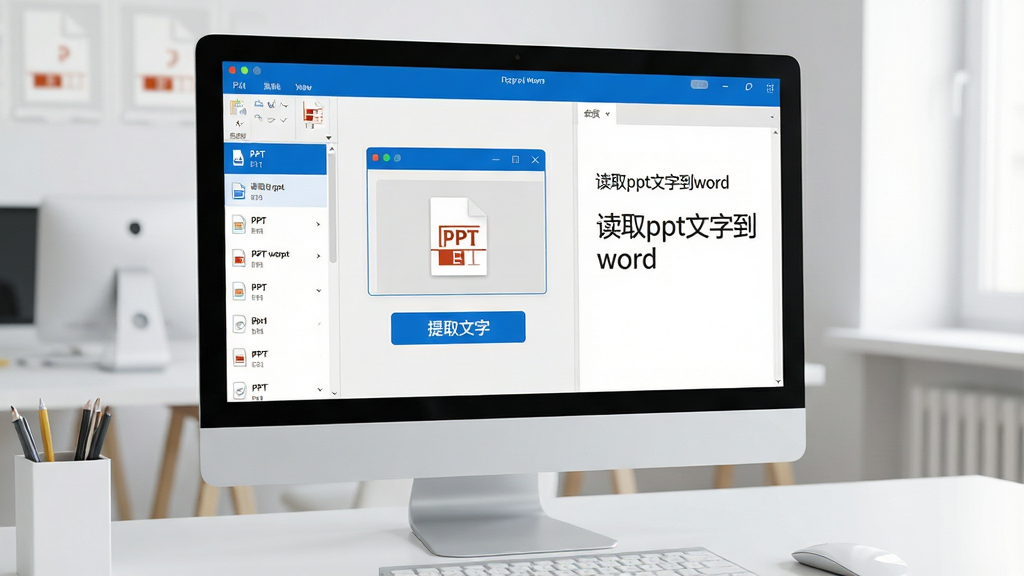 主体:电脑屏幕前展示软件界面,界面显示PPT文件拖入窗口,旁边有“提取文字”按钮,背景是整洁的办公桌。布局:左侧为PPT文件列表,右侧为提取出的文字预览区。排版:界面简洁,按钮醒目。风格:现代扁平化,色彩以蓝色和白色为主。细节:屏幕中文字清晰可见“读取ppt文字到word”。画质:高清,干净,无多余元素。