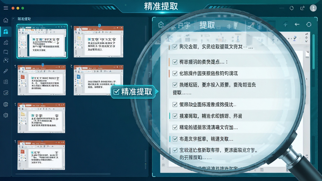 主体:软件操作界面放大图,显示一份PPT中多页幻灯片被扫描提取文字的过程。布局:左侧是缩略图,右侧是提取出的纯文本列表。排版:文字排列整齐,带有复选框。风格:科技感,蓝绿色调。细节:界面标注“精准提取”字样。画质:高清,干净,无多余元素。