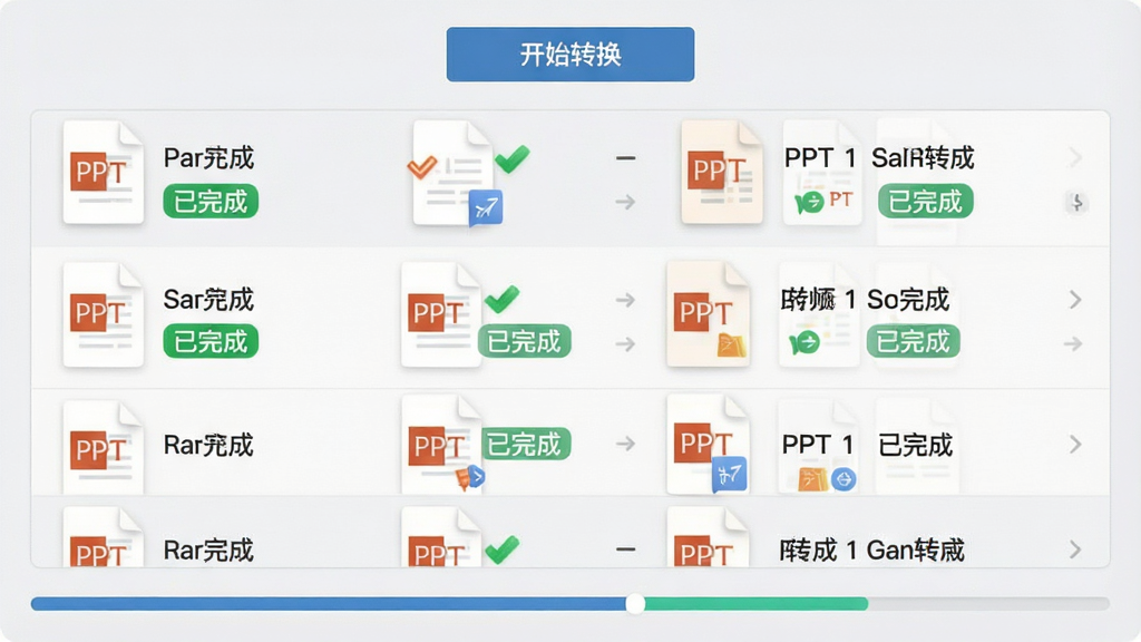主体:软件批量处理界面,多份PPT文件整齐排列,进度条显示完成状态。布局:文件列表上方有“开始转换”按钮,底部有进度条。排版:列表清晰,状态图标醒目。风格:简约商务,浅灰色背景。细节:文件名称旁显示“已完成”绿色标记。画质:高清,干净,无多余元素。