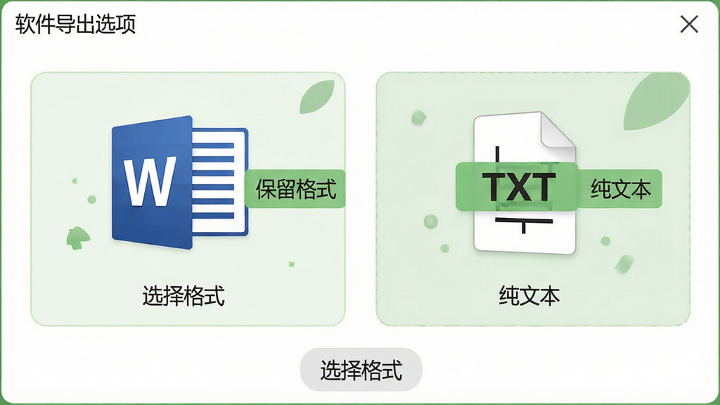 主体:软件导出选项窗口,显示Word和TXT两种格式图标。布局:两个大图标并排,下方有“选择格式”提示。排版:简洁明了,点击区域大。风格:清新自然,绿色点缀。细节:Word图标旁有“保留格式”字样,TXT图标旁有“纯文本”字样。画质:高清,干净,无多余元素。