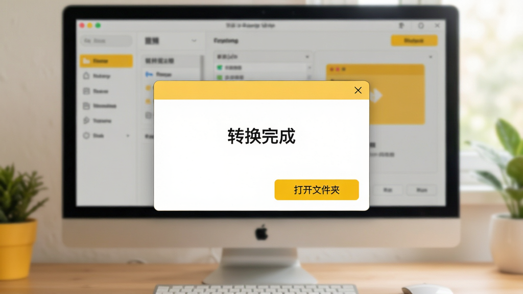 主体:电脑桌面显示软件运行中,提示“转换完成”弹窗。布局:弹窗居中,背景是软件主界面。排版:弹窗简洁,按钮清晰。风格:温馨明亮,黄色点缀。细节:弹窗上有“打开文件夹”按钮。画质:高清,干净,无多余元素。