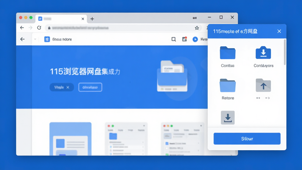115浏览器网盘集成功能展示图,左侧为浏览器主窗口显示网页内容,右侧悬浮网盘操作面板,列出几个文件图标和上传下载按钮,采用扁平化设计风格,主色调为蓝色与白色,界面整洁清晰,画质精细,无多余元素