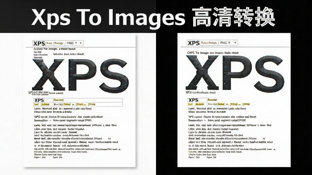 一张对比图,左侧为XPS原始文档,右侧为转换后的PNG图片,图片细节完全一致,颜色鲜艳,文字锐利,背景为白色,配以文字说明“Xps To Images 高清转换”,整体风格专业,画质干净,无多余元素
