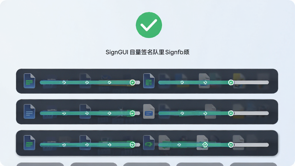 SignGUI批量签名队列界面,多个文件整齐排列,进度条依次完成,背景为简约的浅色渐变,上方有绿色对勾图标,整体风格商务简洁,画质高清,干净,无多余元素