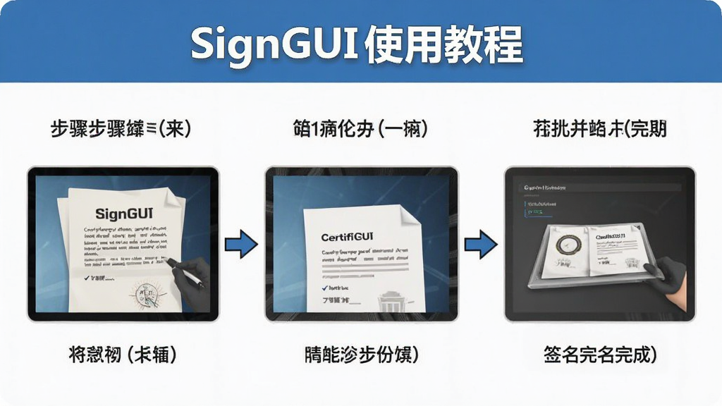 SignGUI使用教程步骤图,分步演示创建证书到签名完成的过程,屏幕上方有文字说明,整体风格清晰明了,画质干净,无多余元素