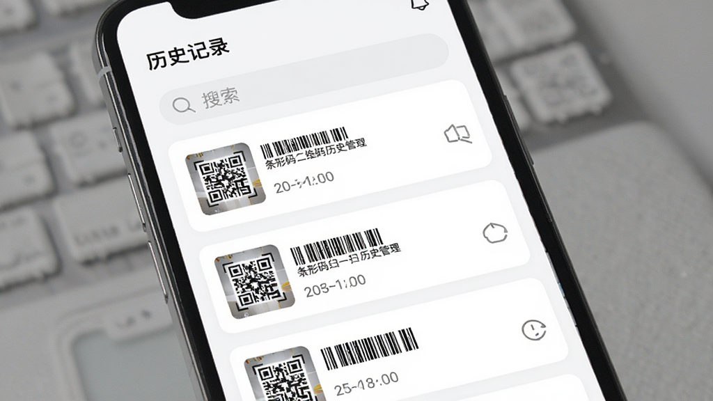 �ֻ�Ӧ����ʷ��¼�б����棬��Ļ��չʾ��һ����ɨ���¼��ÿ����¼��������ͼ���������ͺ�ʱ�䣬������ÿ�Ƭʽ���֣��������򣬶�������Ϊ