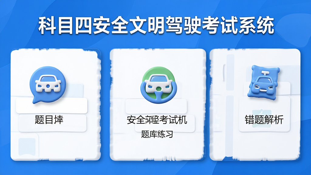 科目四安全文明驾驶考试系统主界面预览图,展示模拟考试、题库练习、错题解析等核心功能模块,界面简洁清晰,采用蓝白配色,图标立体,文字标注“科目四安全文明驾驶考试系统”字样,整体风格现代,适合驾考学习场景,画质高清,干净无多余元素。
