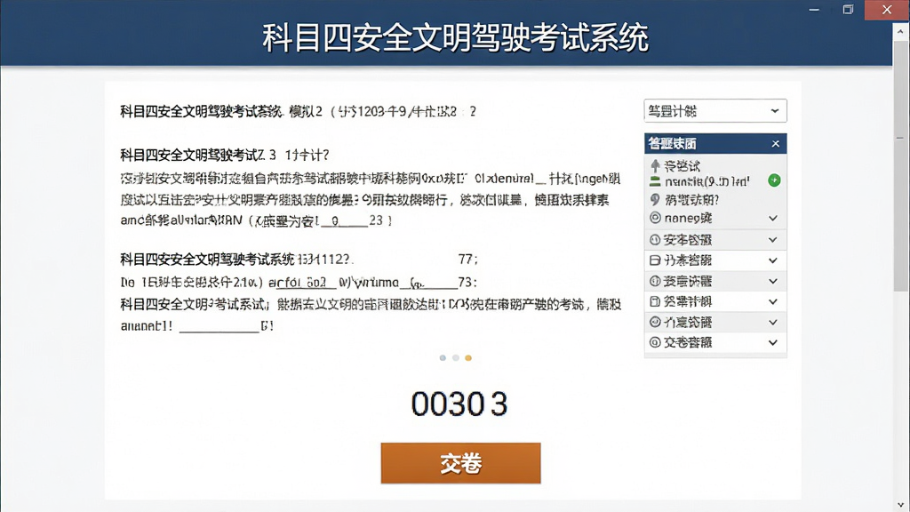 科目四安全文明驾驶考试系统模拟考试界面截图,显示考题页面、倒计时、答题卡和交卷按钮,屏幕上方有“科目四安全文明驾驶考试系统”字样,界面布局与真实驾考一致,白色背景配深色文字,清晰易读,画质干净。