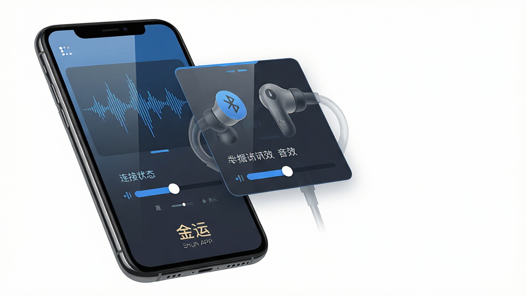 主体:金运APP界面悬浮在智能手机上方,展示蓝牙耳机连接状态与音效调节面板;布局:手机居中偏左,界面UI元素清晰可见,右侧留白;排版:手机屏幕内显示波形图与音量滑块,下方有“金运”字样;风格:现代科技感,扁平化设计,蓝色与深灰主色调;细节:高光质感,屏幕反光自然,耳机轮廓半透明重叠;画质:8K超清,干净,无多余元素。