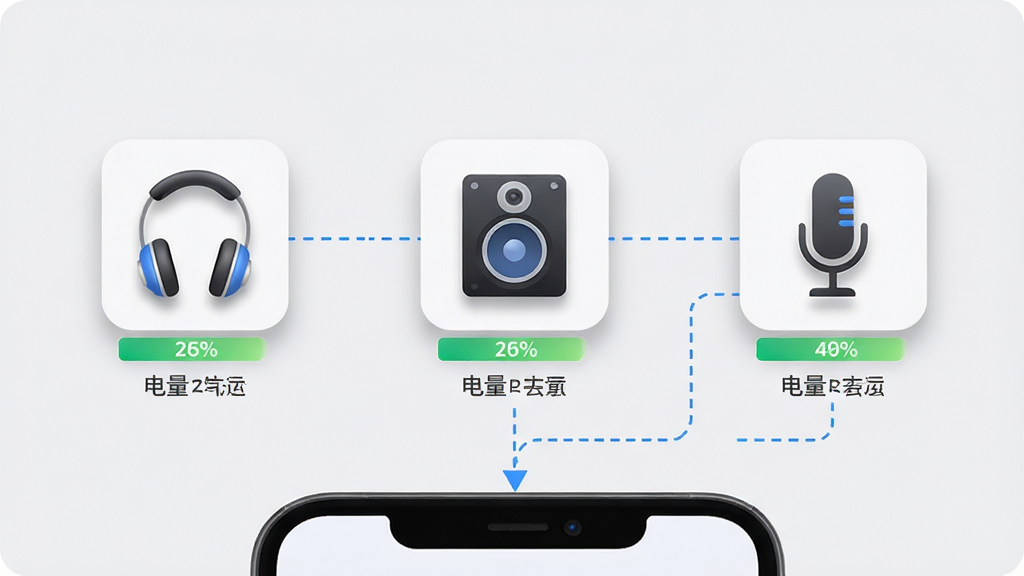 主体:“金运”APP连接管理界面,显示耳机、音响、麦克风三种设备图标;布局:三设备图标横向排列,中间用虚线连接至手机;排版:每个图标下方标注设备名称与电量百分比;风格:简洁商务风,浅灰色背景,蓝色高亮线条;细节:图标带有微弱投影,电量条用绿色渐变;画质:高清渲染,干净,无多余元素。
