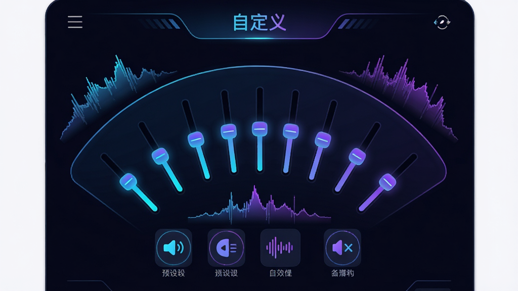 主体:“金运”APP音效调节界面,中央为10段均衡器滑块;布局:滑块呈弧形排列,下方为预设音效图标;排版:页面顶部显示“自定义”字样,滑块颜色渐变;风格:深色科技风,霓虹蓝与紫色调;细节:频谱图动态起伏,滑块带发光边缘;画质:高清晰度,干净,无多余元素。