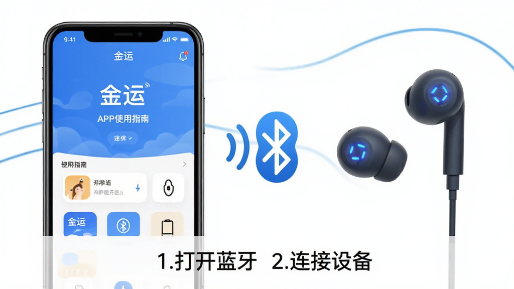 主体:“金运”APP使用指南页面,手机与耳机连接示意图;布局:左侧手机,右侧耳机,中间有蓝牙波形连接;排版:下方有步骤文字“1.打开蓝牙 2.连接设备”;风格:清新简约,白色背景,蓝色线条;细节:耳机带LED指示灯,手机屏幕显示APP主界面;画质:干净明亮,无多余元素。