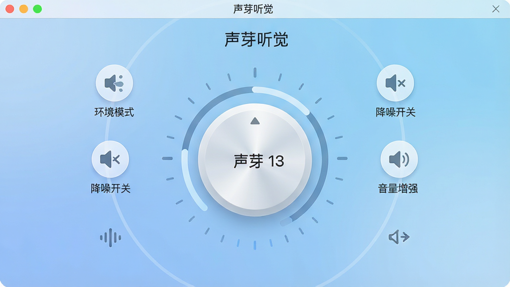 一张展示“声芽听觉”软件主界面的高清截图,界面简洁明亮,中央有一个圆形音量调节旋钮,周围环绕着“环境模式”、“降噪开关”、“音量增强”等图标,背景为柔和的蓝色渐变,整体风格现代科技感,画质干净,无多余元素