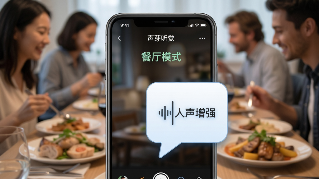 展示“声芽听觉”智能环境识别功能的示意图,手机屏幕中显示“餐厅模式”已激活,背景有模糊的用餐人群和食物,前景为放大的对话气泡图标,配以“人声增强”文字标注,风格写实,画质清晰,无多余元素