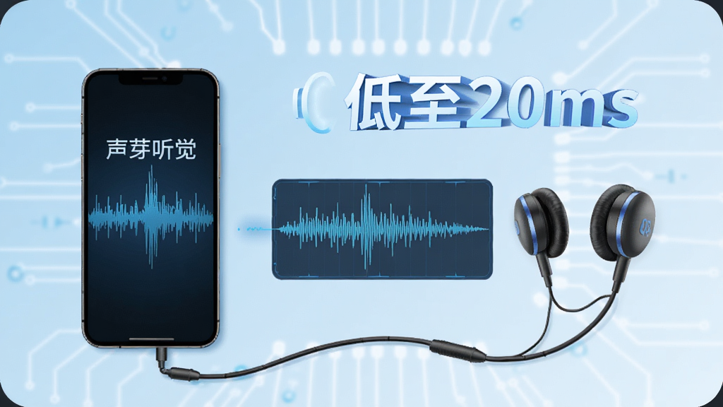展示“声芽听觉”低延迟音频处理技术的示意图,画面中手机连接着蓝牙耳机,波形图显示声音信号实时传输,背景有“低至20ms”的文字标注,风格科技感,蓝色调,画质干净