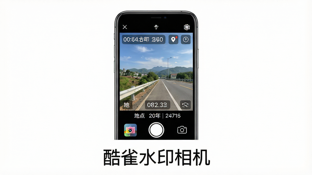 主体:酷雀水印相机应用界面展示,手机屏幕中显示带有时间、地点、经纬度水印的实拍照片;布局:手机居中,屏幕内容清晰可见,周围留白简洁;排版:图片下方配以“酷雀水印相机”字样,字体清晰;风格:写实风格,色彩明亮自然;细节:水印文字清晰可辨,界面图标精致;画质:高清,干净,无多余元素