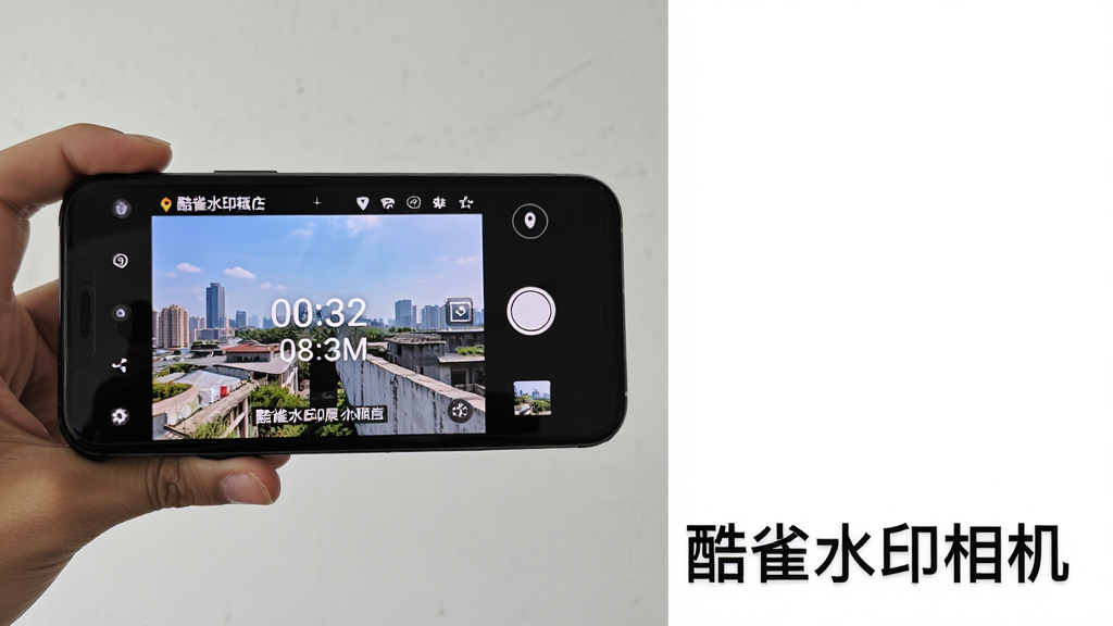主体:酷雀水印相机拍照界面,手机横持拍摄,屏幕显示时间地点水印;布局:手机位于画面左侧,右侧留白;排版:下方配以“酷雀水印相机”文字;风格:写实摄影风格;细节:水印文字清晰,手机界面真实;画质:高清,干净,无多余元素
