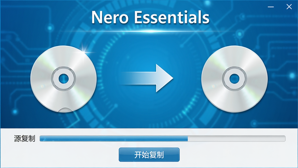 展示 Nero Essentials 光盘复制功能界面,画面中左侧为源光盘图标,右侧为目标光盘图标,中间有箭头连接,界面下方显示复制进度条与“开始复制”按钮,整体设计简洁明了,背景为科技感蓝色渐变,光线明亮,画质干净,突出复制功能的直观性,文字为中文,无多余元素