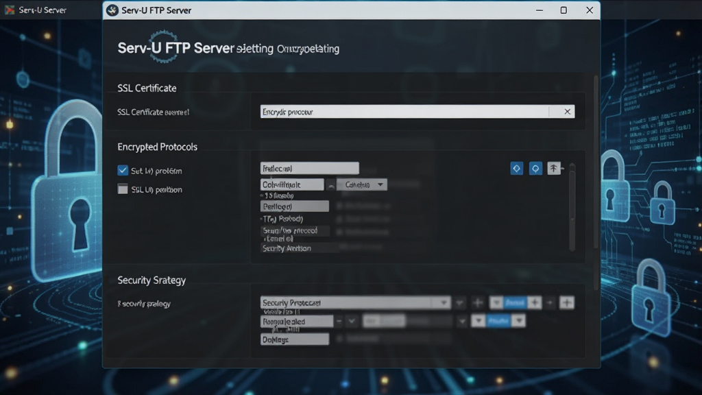 一张展现Serv-U FTP Server安全加密设置界面的图片,屏幕上显示SSL证书配置、加密协议选择以及安全策略选项,背景有锁形图标和网络安全元素,设计风格专业科技感,细节丰富,画质干净,无多余元素