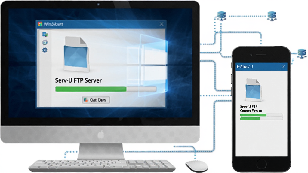 一幅展示Windows电脑和手机同时连接Serv-U FTP Server进行文件传输的示意图,界面显示连接成功状态和数据传输进度条,背景有网络连接线条元素,风格科技简洁,细节丰富,画质干净,无多余元素