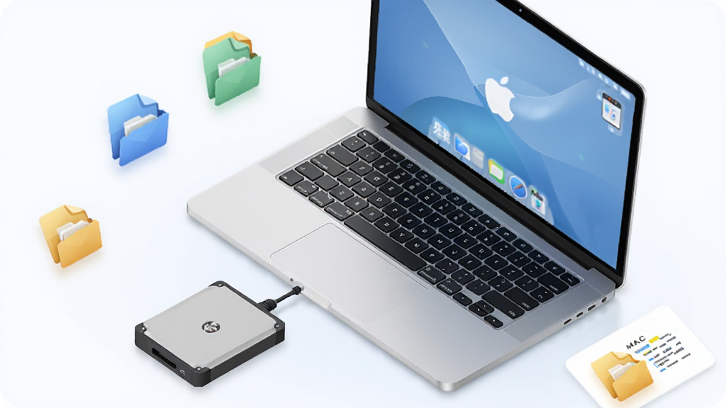 天盾MAC数据恢复软件场景示意图,主体为MacBook与外部硬盘,布局为对角线构图,排版简洁,风格插画,细节有文件图标环绕,画质柔和,干净无多余元素