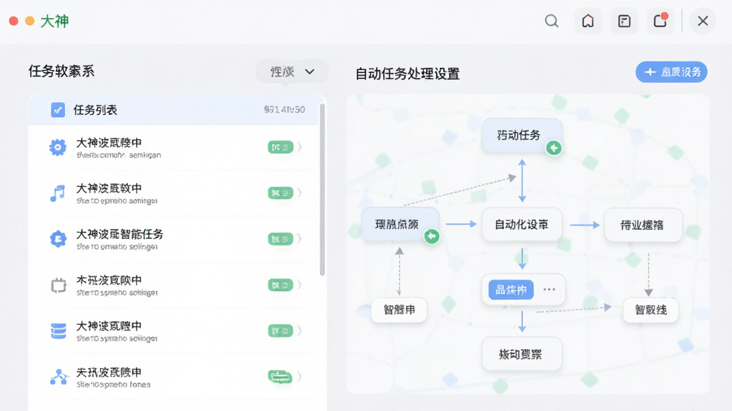 大神波软件智能任务处理功能界面预览图,左侧是任务列表,右侧为自动化流程设置面板,背景为浅灰色,界面元素线条流畅,文字清晰,风格清新,画质干净,无多余元素