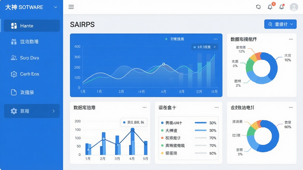 一张展示大神波软件主界面的高清截图,界面设计简洁现代,左侧功能导航栏清晰列出各项核心功能图标,主区域展示数据统计面板,整体色调以蓝色和白色为主,布局规整,风格科技感十足,画质清晰,干净无多余元素