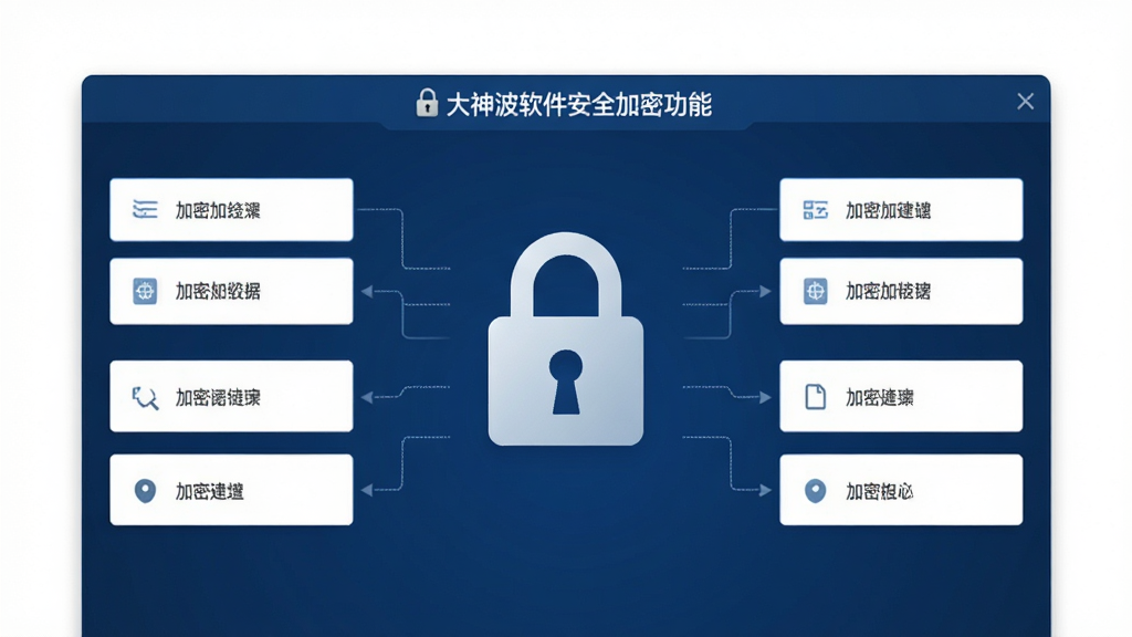 大神波软件安全加密功能界面预览图,界面中央显示加密锁图标,四周环绕加密选项设置,背景为深蓝色,风格严谨,线条清晰,画质干净,无多余元素
