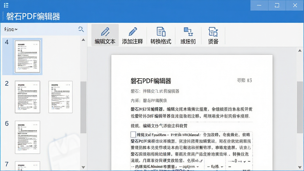 画面中央展示“磐石PDF编辑器”软件主界面,左侧为页面缩略图栏,右侧为文档编辑区,工具栏清晰显示“编辑文本”、“添加注释”、“转换格式”等功能按钮。整体风格简约商务,蓝色主色调,界面明亮干净,画质清晰,无多余元素。