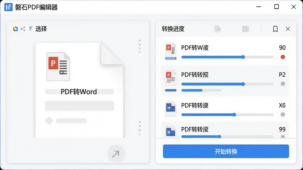 展示“磐石PDF编辑器”格式转换功能界面,左侧选择“PDF转Word”,右侧文件列表显示多个待转换文件,底部有“开始转换”按钮。界面采用卡片式布局,蓝色进度条显示转换进度,整体风格清爽,画质清晰。