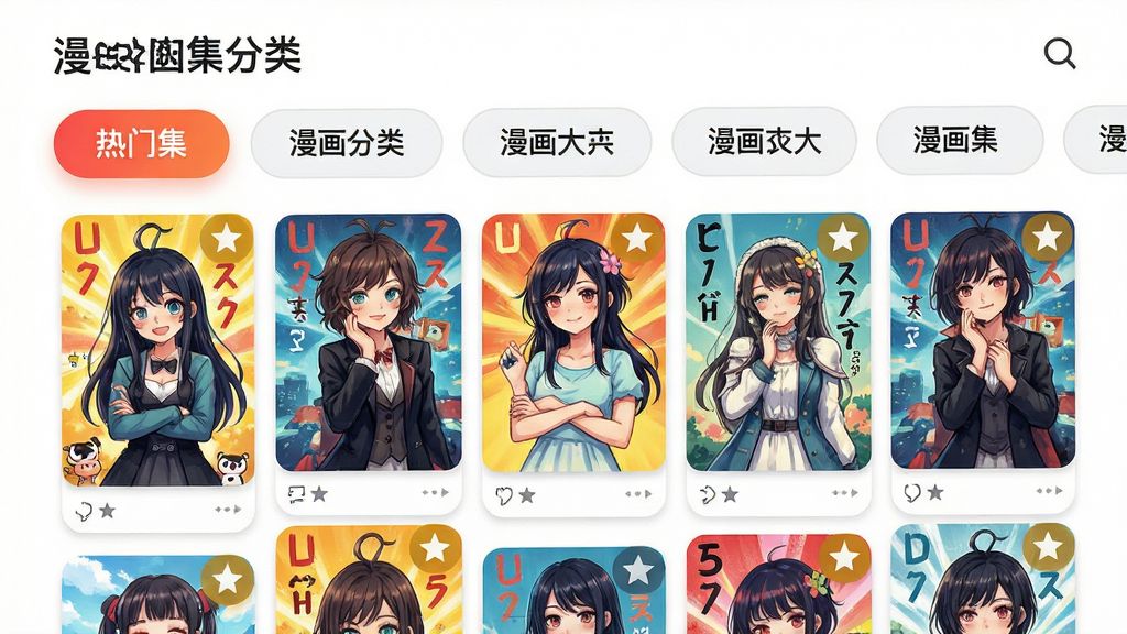 主体:漫画集应用内的漫画分类页面,展示多个分类标签;布局:分类标签横向排列,下方为封面瀑布流;排版:标签清晰,封面错落有致;风格:清新活泼,色彩丰富;细节:热门标签高亮,封面带评分角标;画质:高清,干净,无多余元素