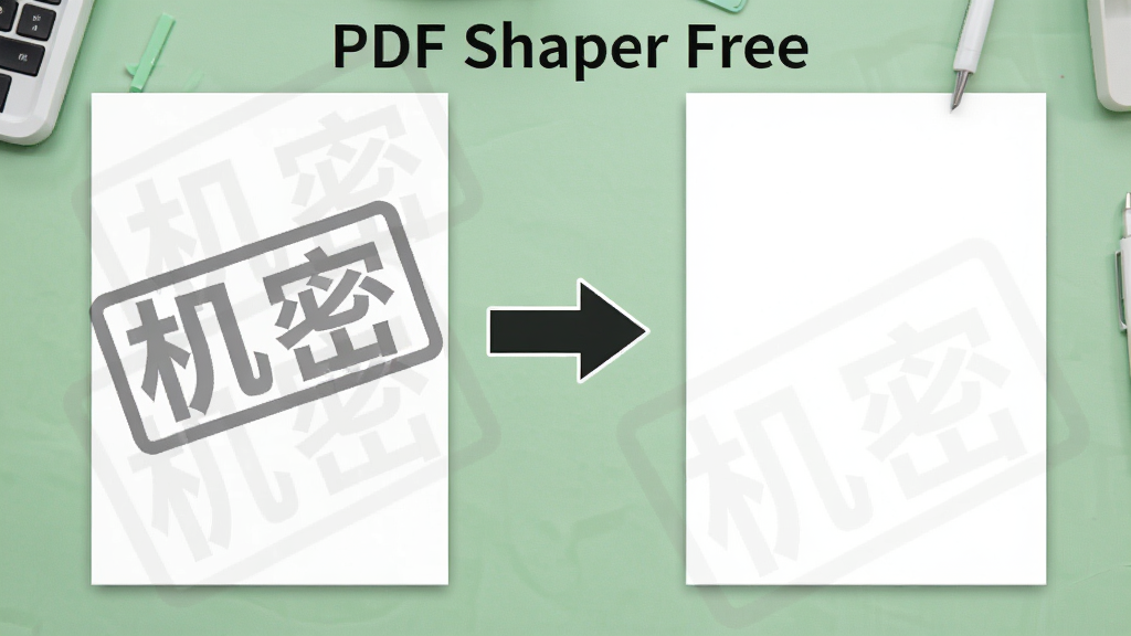 一幅展示PDF水印添加与移除效果的对比图,左侧文档带有半透明“机密”字样水印,右侧文档干净无痕,中间用箭头连接,背景为浅绿色工作台,整体风格清晰直观,突出